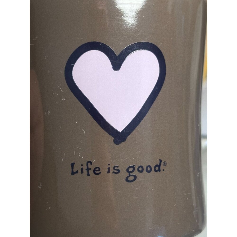 Life Is Good Ceramic Mug Cup Heart Design Inspirational -Brown Dine Style 10oz